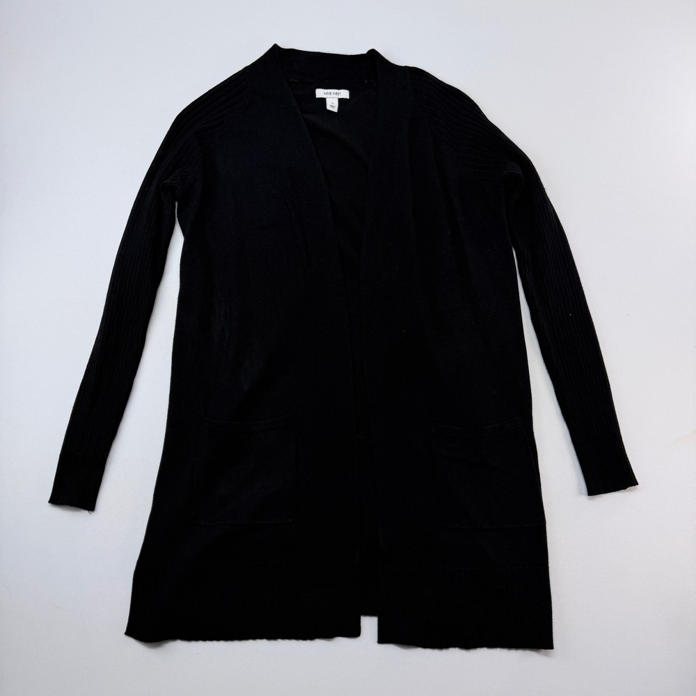 Nine West Womens Small Black Open Front Cardigan Ribbed Sleeve Longline Pockets
